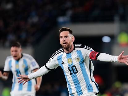 Argentina's Lionel Messi, celebrates scoring his side's first goal against Ecuador during a qualifying soccer match for the FIFA World Cup 2026, at Monumental stadium in Buenos Aires, Argentina, Thursday, Sept. 7, 2023.