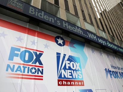 A headline for a story on the health of U.S. President Joe Biden is displayed at the Fox News headquarters in New York City, U.S. March 4, 2023.