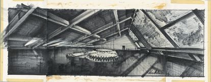Sketch of the war room from the film 'Dr. Strangelove' by Stanley Kubrick.