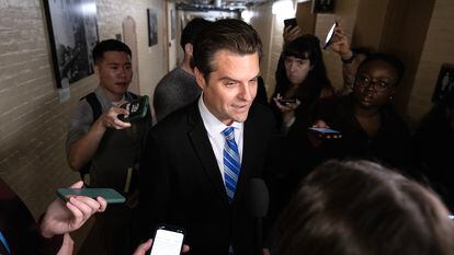 Republican Representative of Florida, Matt Gaetz, speaks to members of the news media following a meeting of the House Republican Conference on Capitol Hill in Washington, on Sept. 30, 2023.