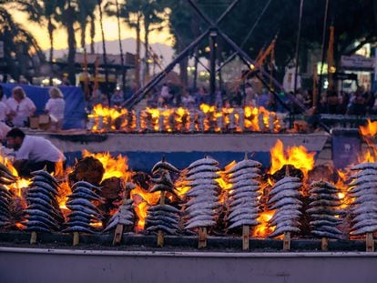 Sardines being grilled at a beach bar in Marbella, Spain.