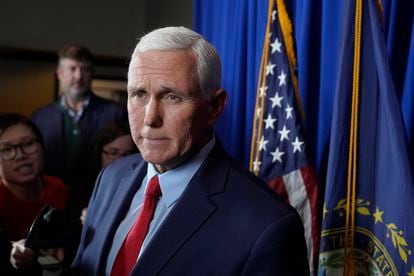Former Vice President Mike Pence faces reporters after making remarks at a GOP fundraising dinner, March 16, 2023, in Keene, N.H.