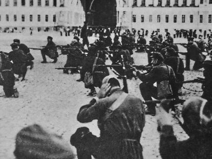 Revolutionaries during the siege of the Winter Palace in Petrograd on November 7, 1917.