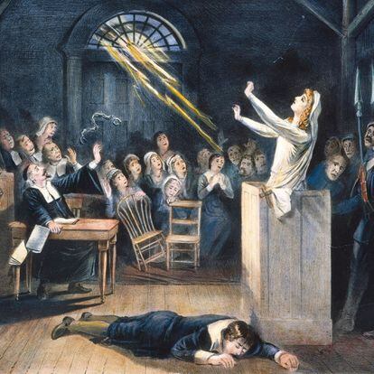 A lithography of the Salem witch trials in 1692.
