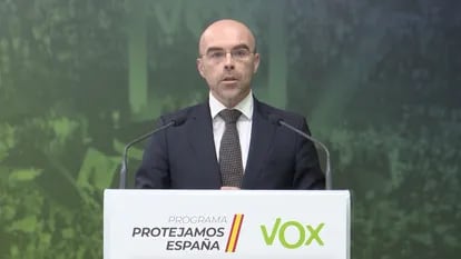 Jorge Buxadé of Vox during a news conference on Monday.