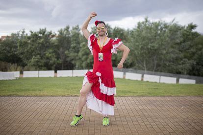 Carlos Santa, from Valencia, is getting married on June 4, 2016. His friends have dressed him up as a flamenco dancer.