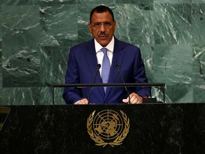 The deposed president of Niger, Mohamed Bazoum, during his speech at the 77th session of the United Nations General Assembly, on September 22.