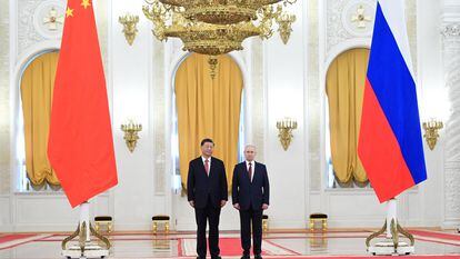 Russian President Vladimir Putin and Chinese President Xi Jinping attend a welcome ceremony before Russia-China talks at the Kremlin in Moscow, Russia, on March 21, 2023.