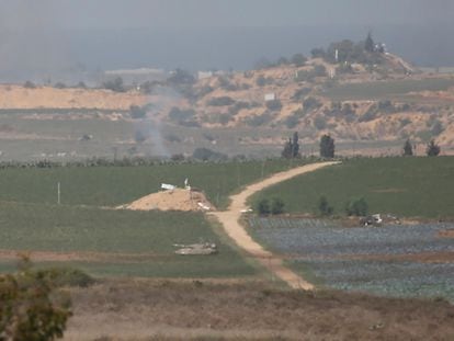 Israeli tanks inside the Gaza Strip on October 30, 2023, as seen from Sderot, Israel.