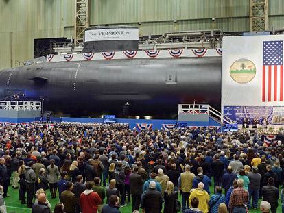 The United States Navy's nuclear-powered attack submarine USS Vermont is christened at Electric Boat in Groton, Connecticut, in 2018.