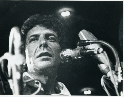 A photograph by an unknown author of Leonard Cohen, in a 1972 performance, on display at the Toronto exhibition. Courtesy of © Leonard Cohen Family Trust