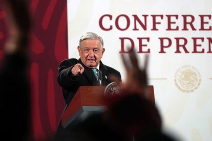 Andrés Manuel López Obrador points at a reporter during a press conference in the National Palace in Mexico City.