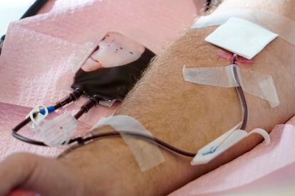 Tubes direct blood from a donor into a bag in Davenport, Iowa, on Friday, Nov. 11, 2022.