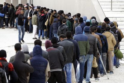 Migrants lining up for food in Athens, Greece in December 2015. That year saw an influx of refugees to the EU that triggered calls for new immigration policies.