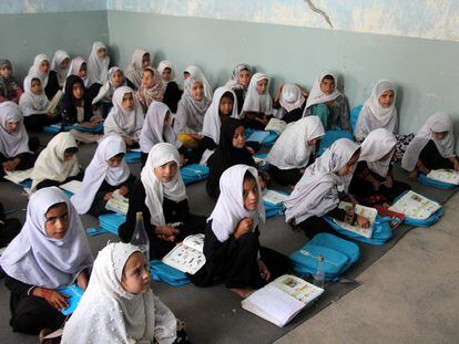 Afghan girls attend primary school as Afghanistan marks the second anniversary of the ban on girls going to secondary schools, in Kandahar, Afghanistan, 18 September 2023.