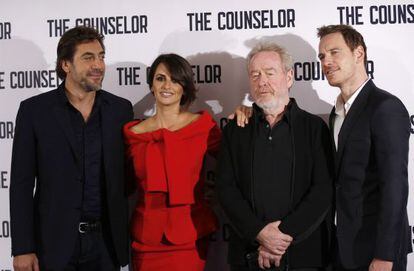 Javier Bardem, Penelope Cruz, Ridley Scott and Michael Fassbender (left to right) at a screening of The Counselor.  