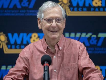 Senate Minority Leader Mitch McConnell, R-Ky., smiles while giving speaking at the Graves County Republican Party Breakfast at WK&T Technology Park in Mayfield, Ky., on Saturday, Aug. 5, 2023.