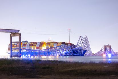 The vessel, a large container ship, after colliding with the Francis Scott Key Bridge in Baltimore, in the eastern US state of Maryland.