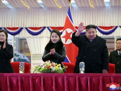 North Korean leader Kim Jong Un, second right, with his daughter and his wife Ri Sol Ju, left, attends a performance to celebrate the New Year in Pyongyang, North Korea, Sunday, Dec. 31, 2023.