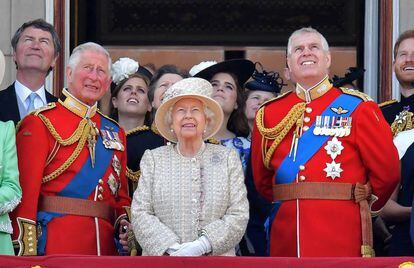 (l-r) Then-Prince Charles, Queen Elizabeth II and Prince Andrew, in a file image.