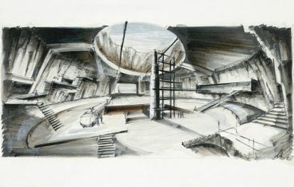 A sketch of the volcano scene from the James Bond film 'You Only Live Twice.'