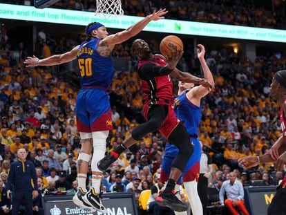 Bam Adebayo goes up against Aaron Gordon in Game 1 of the NBA Finals.