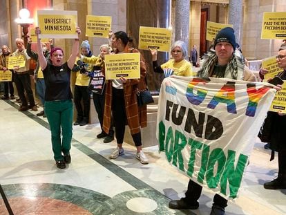 Abortion rights supporters gather outside the House Chamber in the Minnesota State Capitol on March 20, 2023, in St. Paul, Minnesota.