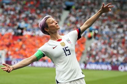 In this July 7, 2019 file photo, United States' Megan Rapinoe celebrates after scoring the opening goal from the penalty spot during the Women's World Cup final soccer match against The Netherlands at the Stade de Lyon in Decines, outside Lyon, France.