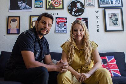 Carolina Munhoz and Raphael Draccon inside their home in Woodland Hills, California.