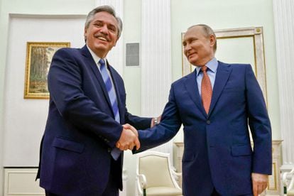 Argentine President Alberto Fernández greets Russian leader Vladimir Putin during a visit to Moscow on February 3.