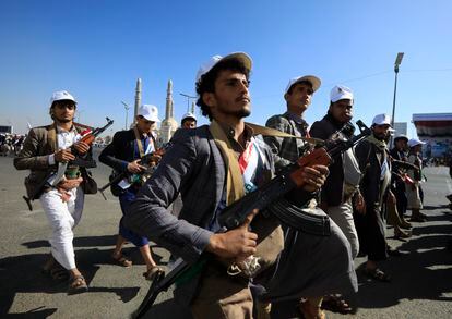 Houthis' popular army march during a parade in Sana'a, Yemen
