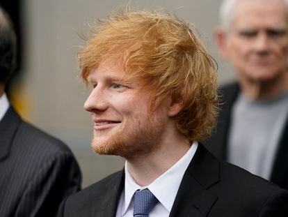 Recording artist Ed Sheeran departs after speaking to the media outside New York Federal Court, on May 4, 2023, in New York.