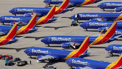 A number of grounded Southwest Airlines Boeing 737 MAX 8 aircraft are shown parked at Victorville Airport in Victorville, California, U.S., March 26, 2019.