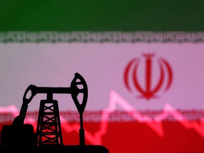 Iranian flag with stock graph and an oil pump jack in this illustration taken October 9, 2023.