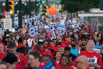 United Auto Workers members march through downtown Detroit, Friday, Sept. 15, 2023. 