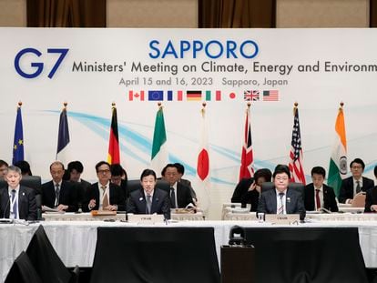 Japan's Economy Minister Yasutoshi Nishimura, center left, speaks at the G-7 ministers' meeting on climate, energy and environment in Sapporo, Japan.