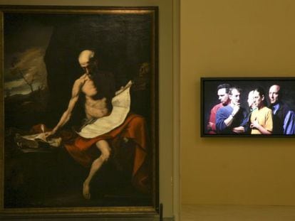 One of Bill Viola&#039;s videoworks hangs next to a Ribera in the San Fernando Academy. 