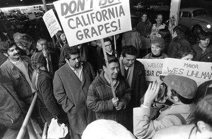 United Farm Workers President Cesar Chavez, carrying a sign calling for a boycott of California table grapes, leads about 400 people picketing a Safeway supermarket in Seattle, Wash., Dec. 19, 1969