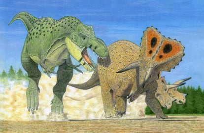 An illustration of ‘Tyrannosaurus imperator’ attacking a group of ‘Triceratops horridus.’