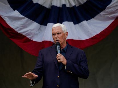 Republican presidential candidate Mike Pence speaks during the annual Labor Day Picnic hosted by the Salem Republican Town Committee in Salem, New Hampshire, on September 4, 2023.