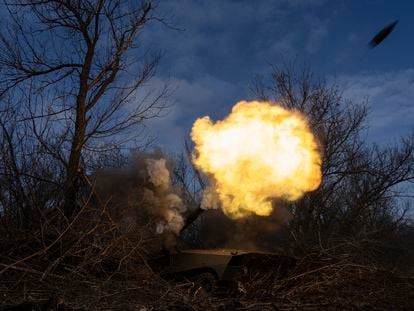 Ukrainian self propelled howitzer 2s1 of 80 Air Assault brigade fires towards Russian forces at the frontline near Bakhmut, Ukraine, Friday, March 10.