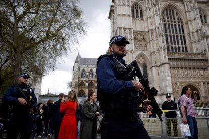 Police officers outside Westminster Abbey in London on May 5, 2023.