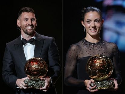 Lionel Messi and Aitana Bonmatí at the 2023 Ballon d'Or France Football award ceremony in Paris on October 30, 2023. 
