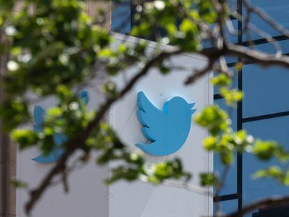 The Twitter logo is seen at their headquarters in downtown San Francisco, California, in April 2022.