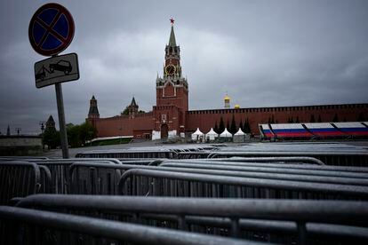 View of the empty Red Square closed for Victory Parade preparation with the Spasskaya Tower