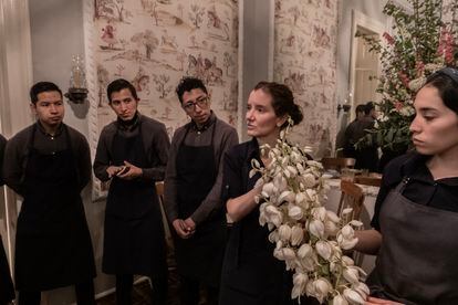  The chef speaks with her team before the start of the day’s service at Rosetta.