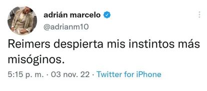 A tweet by television host Adrián Marcelo. “Reimers awakens my most misogynistic instincts." 