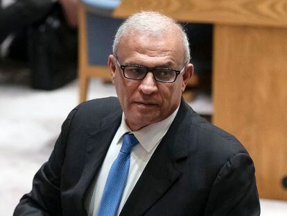 Special Representative of the President of Palestine Ziad Abu Amr leaves a Security Council meeting at United Nations headquarters, Thursday, April 18, 2024.