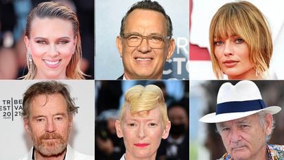 Clockwise from top left: Scarlett Johansson, Tom Hanks, Margot Robbie, Bill Murray, Tilda Swinton and Bryan Cranston, all of whom will appear in Wes Anderson's latest movie.