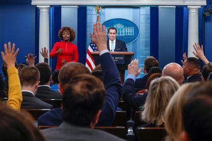 John Kirby, National Security Council Coordinator for Strategic Communications, answers questions during the daily press briefing with White House Press Secretary Karine Jean-Pierre, at the White House in Washington, U.S., February 13, 2023.